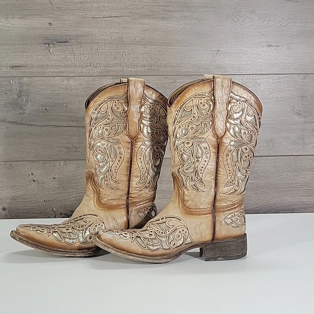 Girls Corral Tan Cut-Out Western Boots Sz 4.5